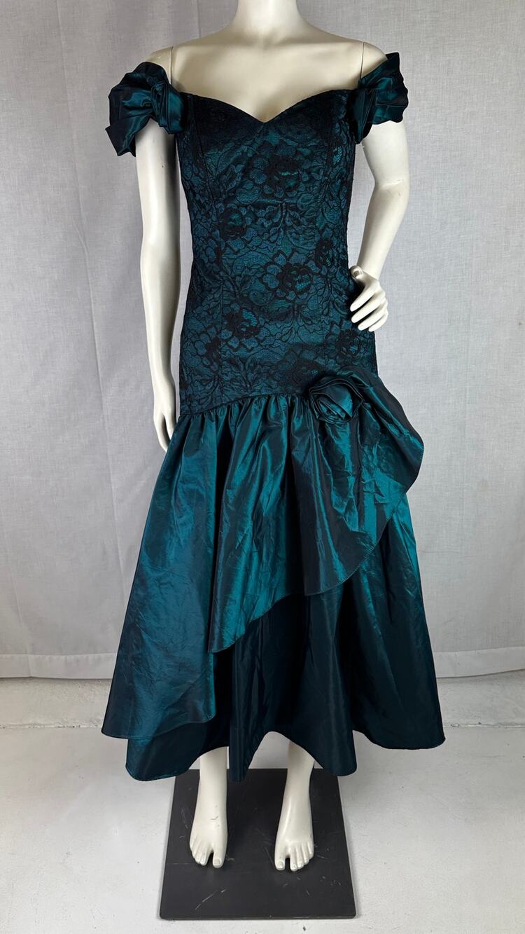 Vintage 80s Alfred Angelo Teal & Black Lace Drop-Waist Formal Dress Women's Sz S